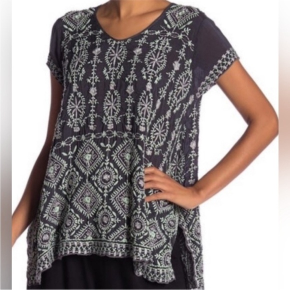 Johnny Was Tops - Johnny Was Kyuss Embroidery Stitched Scarf Hemmed Blouse Small